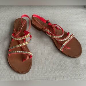 Juicy Couture Pink and Brown Strappy Rhinestone Sandals, size 10